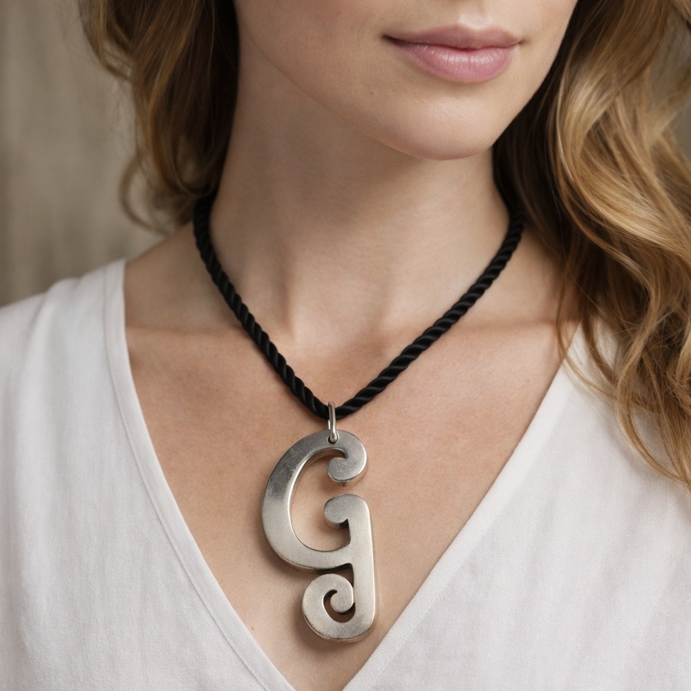 Modernist Spiral Pendant Necklace Large Abstract Letter‎ G Statement Monogram
